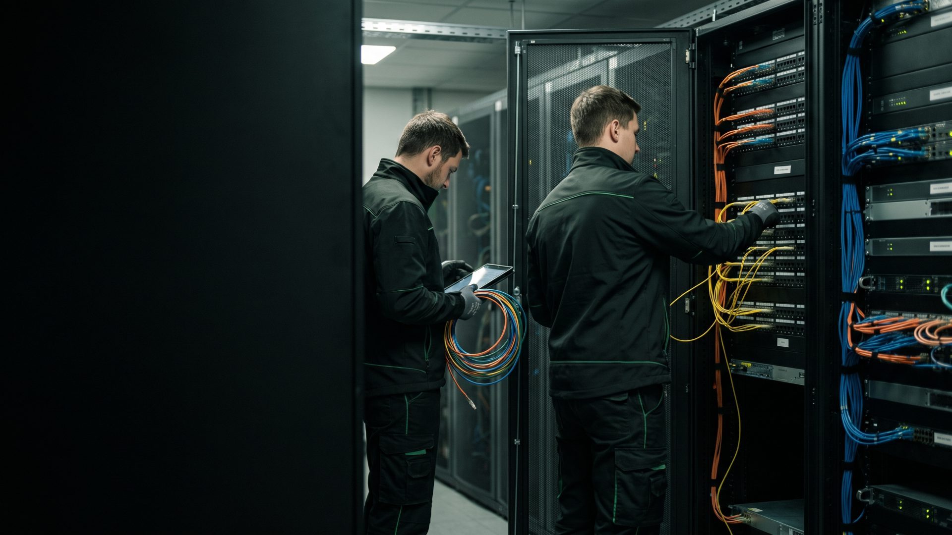 Netzwerktechniker von baconnect mit Glasfaserkabeln