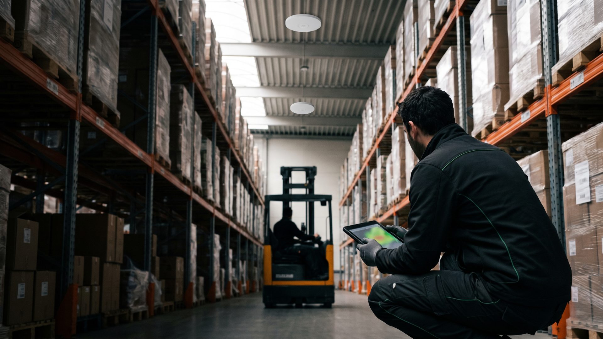 WLAN-Infrastruktur in einer Lagerhalle für Logistik und Scanner-Betrieb