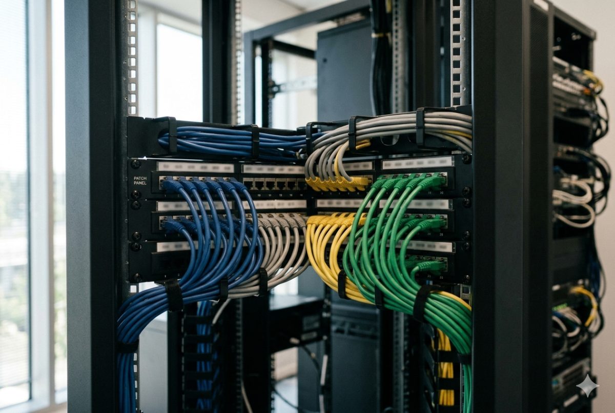 Patchfelder und beschriftete Leitungen im Netzwerkschrank