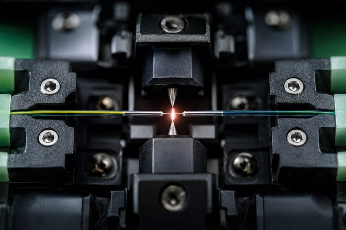 Fusionsspleiß zweier Glasfasern im Spleißgerät
